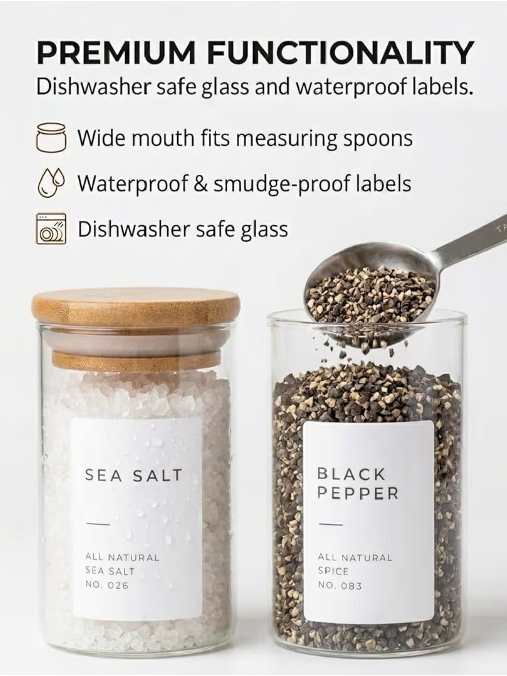 Bloomondo Empty Spice Jars with Label Pack (12x Bamboo Lid Glass Jar) - Picture 5 of 7
